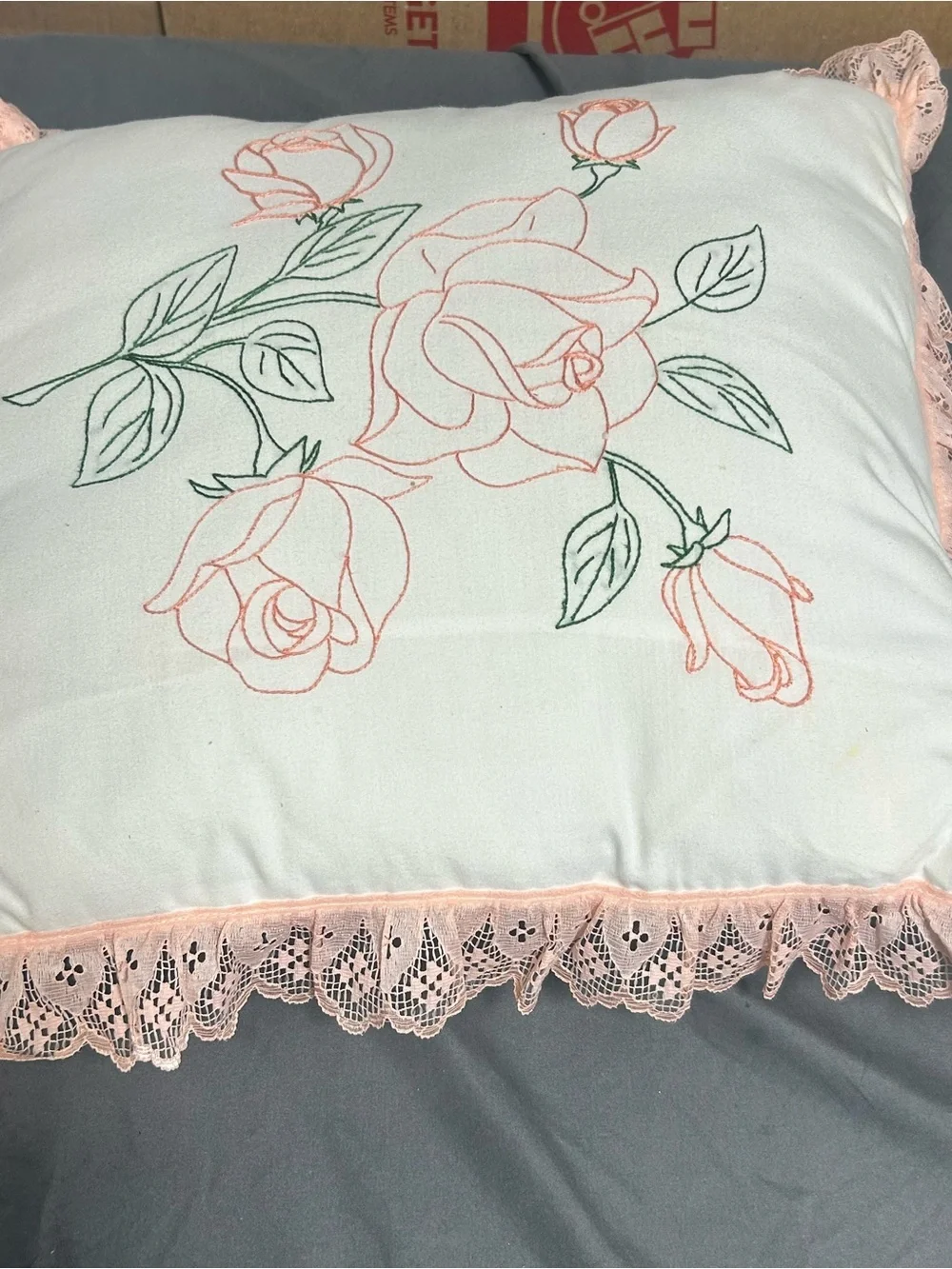 Vintage French Country Pillow Embroidered Rose Lace Trim Cottagecore 80s/90s